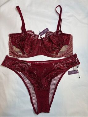 NWT Adore Me Burgundy Red Lace Mesh Net Sexy Lingerie Bra Panty Set 34DDD and L